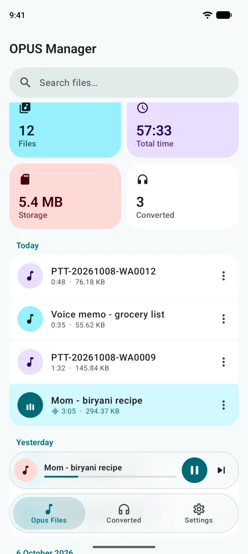 OPUS Manager home screen with library stats and voice notes grouped by day